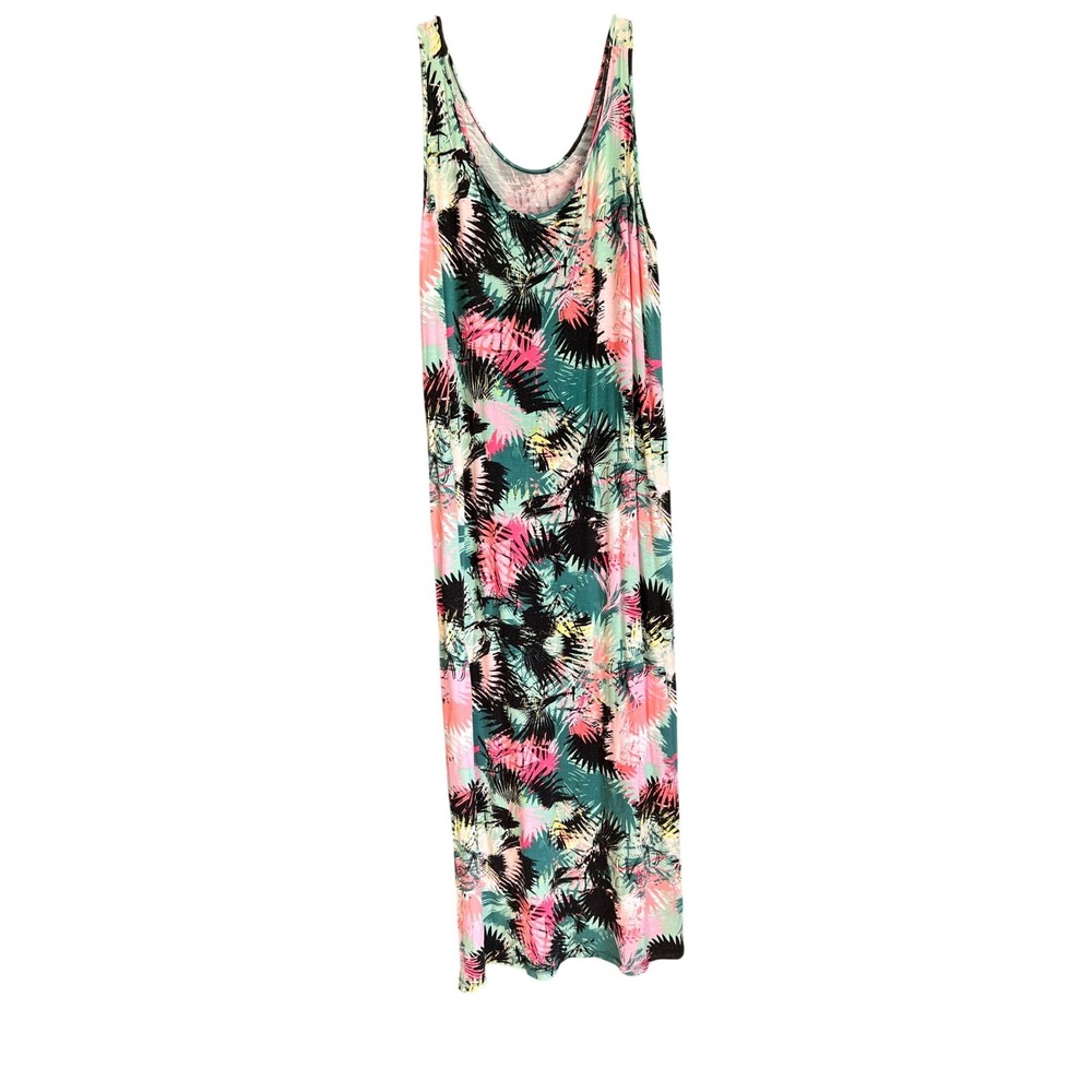 Ava & Viv Womens 1X Tropical Palm Print Sleeveless Maxi Dress Pink Teal Black